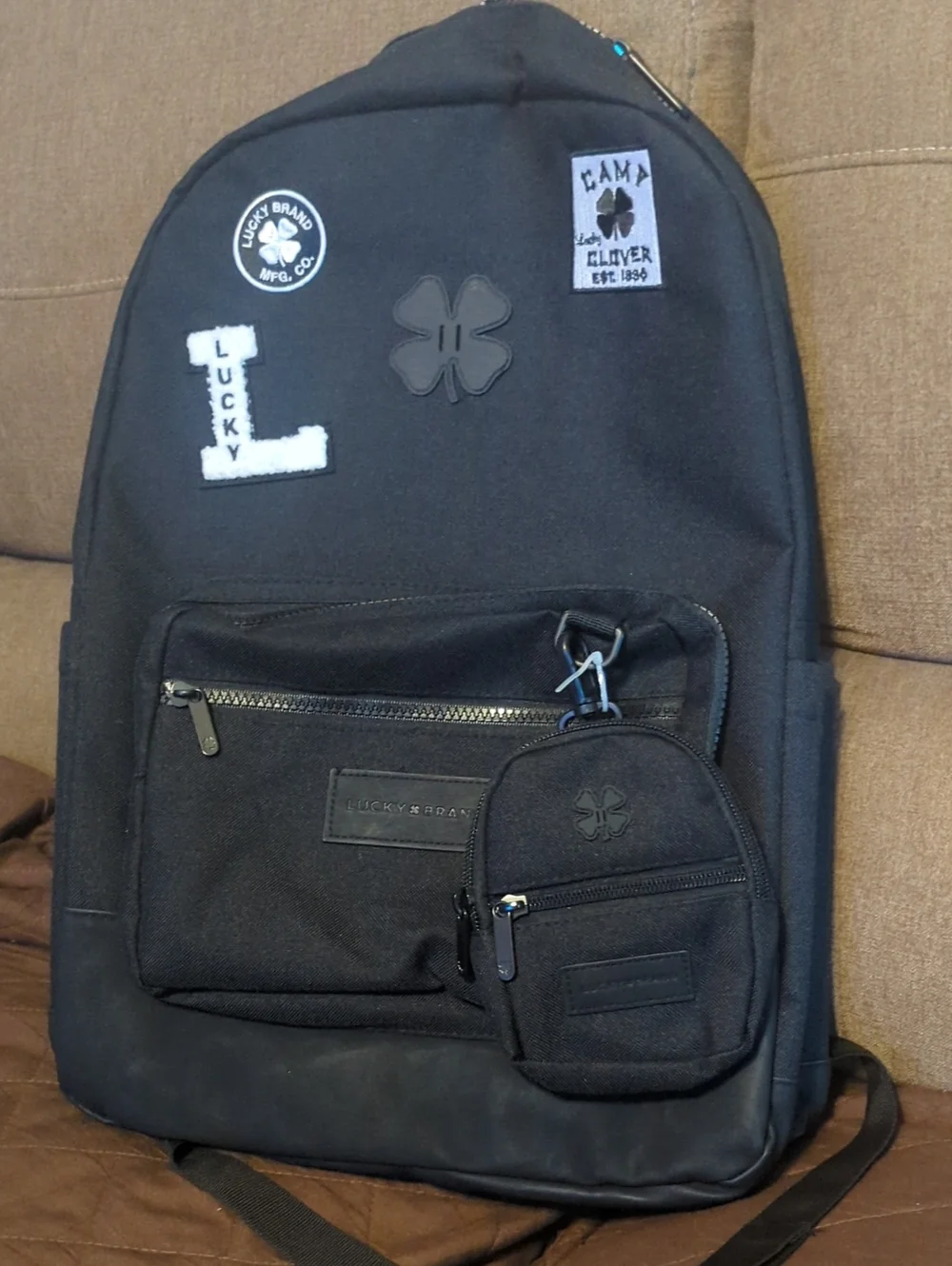 Lucky Brand Black Backpack with Front Pocket and Detachable Pouch
